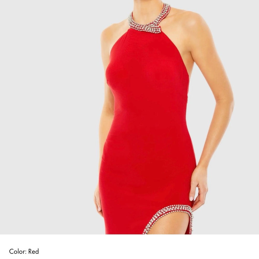 Mac Duggal 26533 Red Rhinestone Halter Gown Size 0